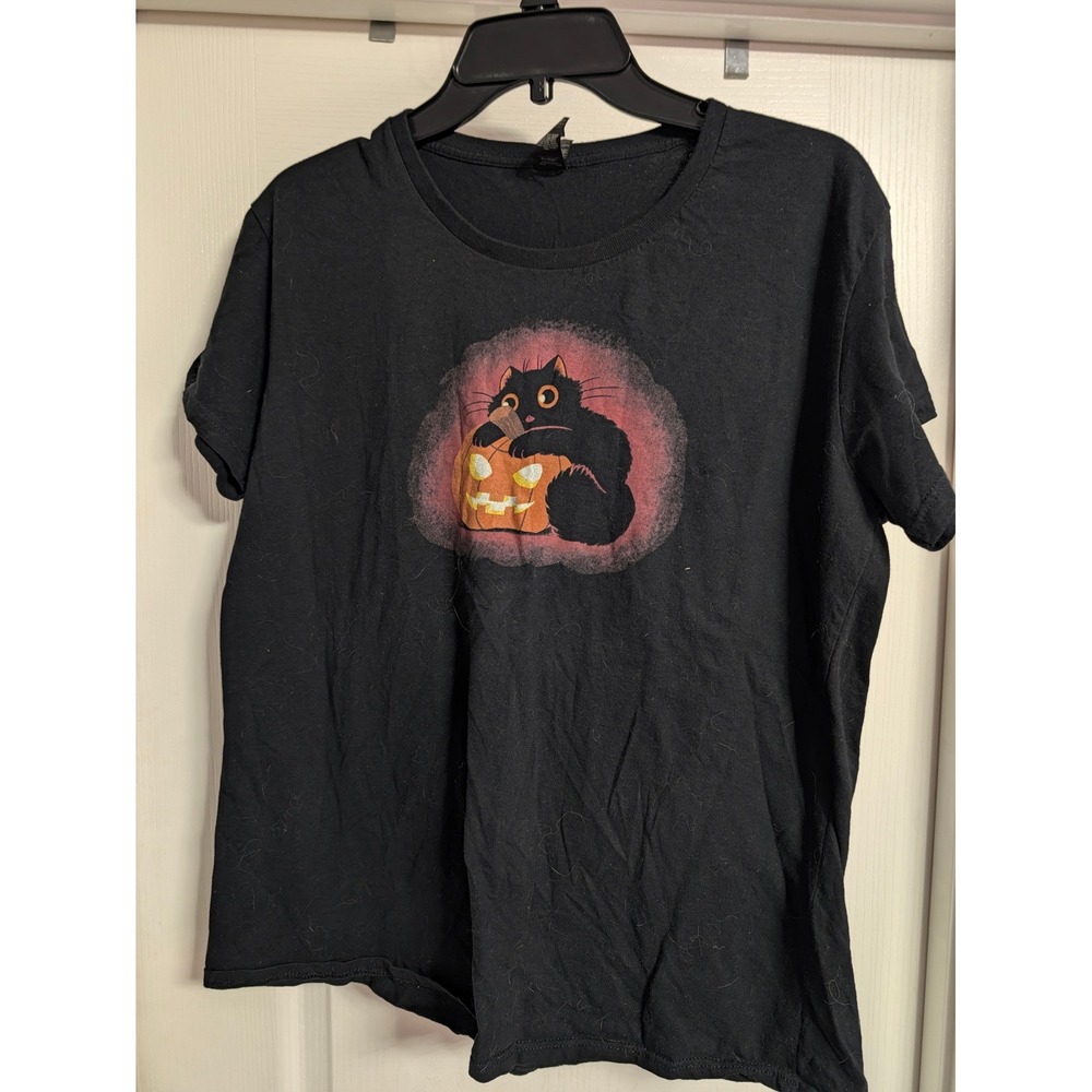 Anvil Halloween Black Cat Pumpkin Graphic T-Shirt Ladies XL Black Cotton Tee